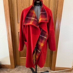 Designer Jimmy Hourihan Dublin Ireland Wool Coat – Red with Plaid Lining S